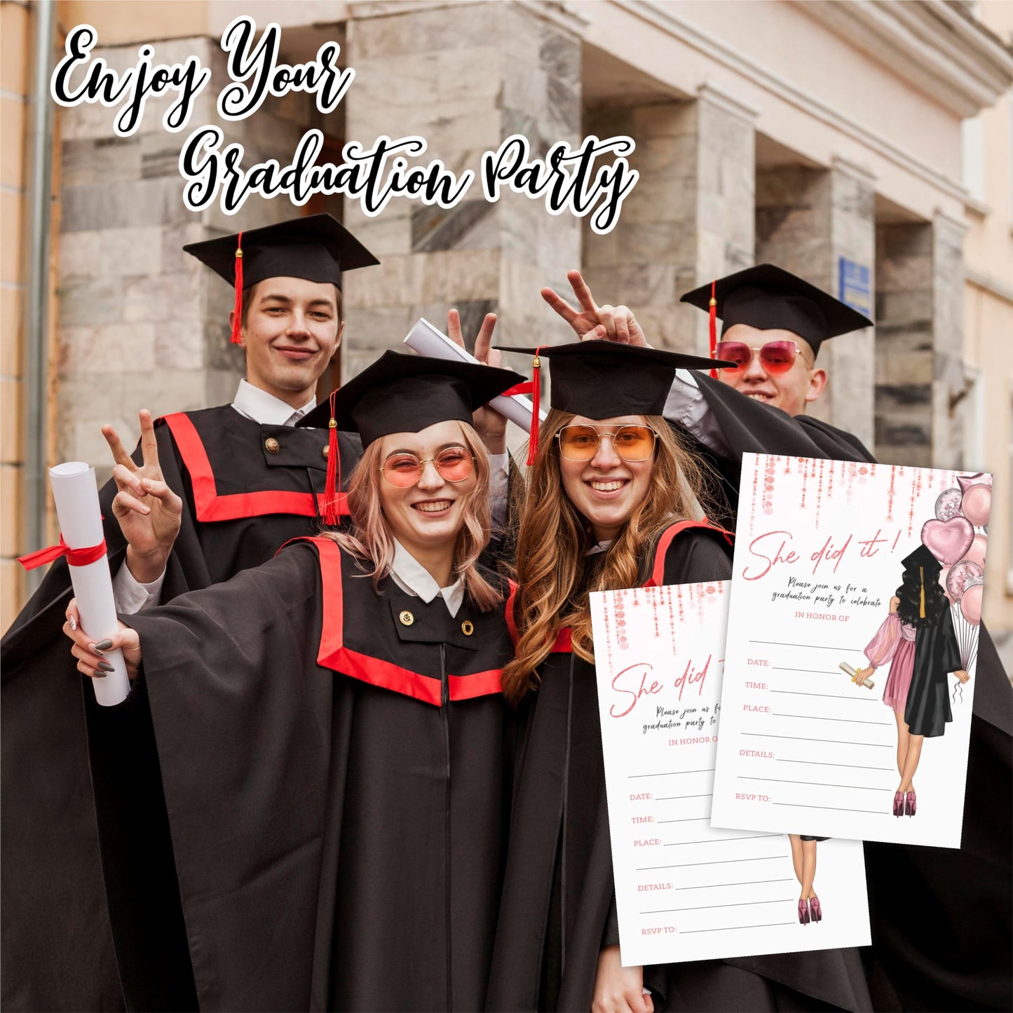 Tabyon Graduation Invitation Cards - Pink Balloons & Grad Girl She Did It - 20 Invites With Envelopes, High School, College, University,Party Favor, Decorations & Supplies-02