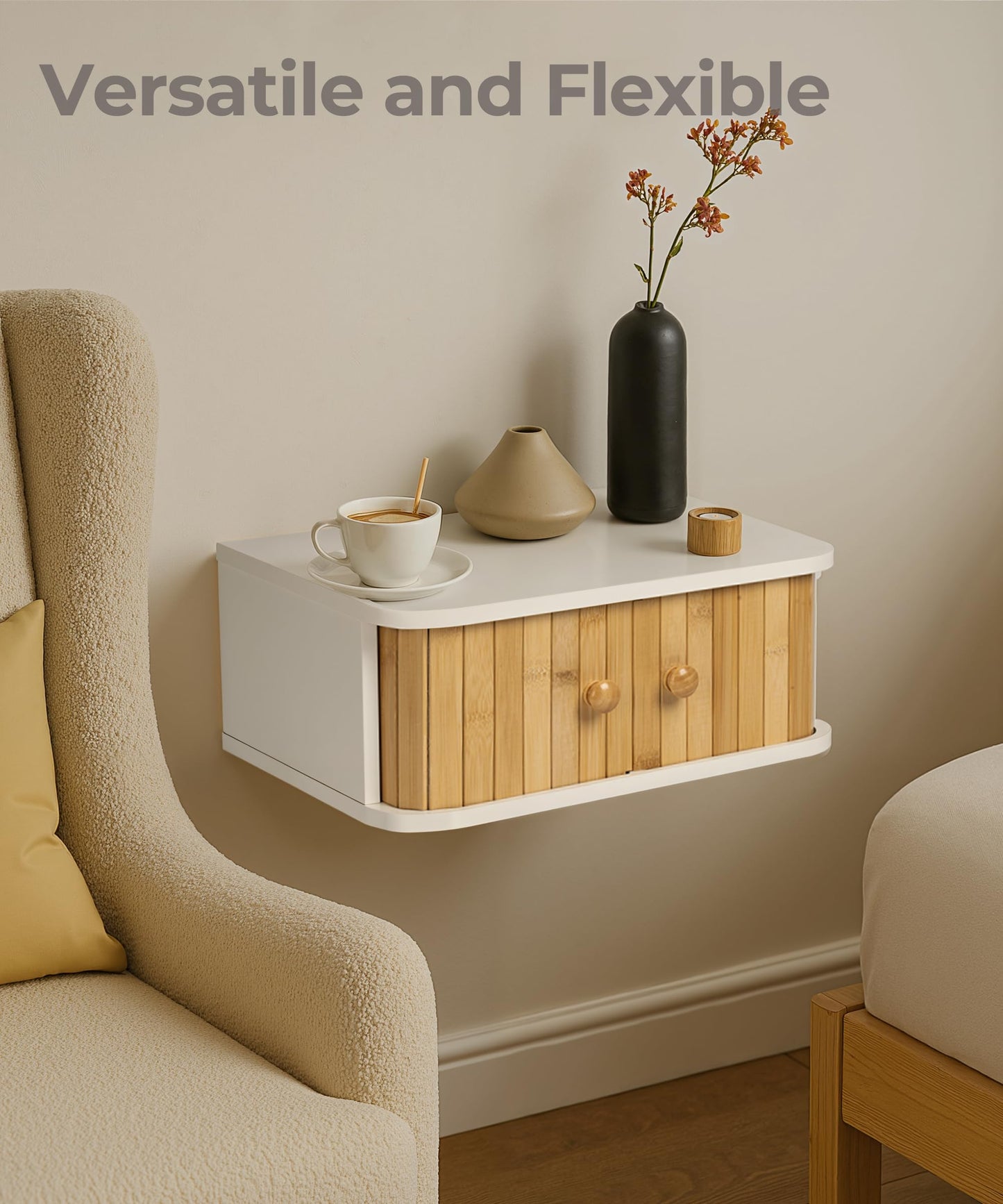 SUMGAR Floating Nightstand White Bedside Table Modern Boho Organiser Small Spaces Wall Mounted Shelf Storage with Drawers Wood Bamboo Natural Hanging Furniture for Bedroom Home Decor