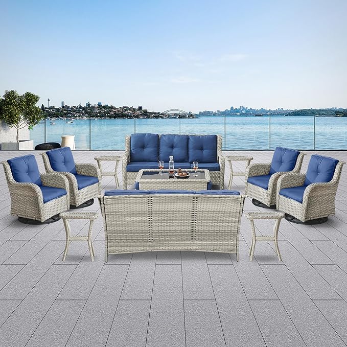 Belord Wicker Patio Furniture Sets - 13 Piece Outdoor Rattan Furniture Conversation Sets with 4 Swivel Rocker Chairs, 2 Rattan Sofas, Wicker Ottomans and Coffee Table, Light Grey/Blue