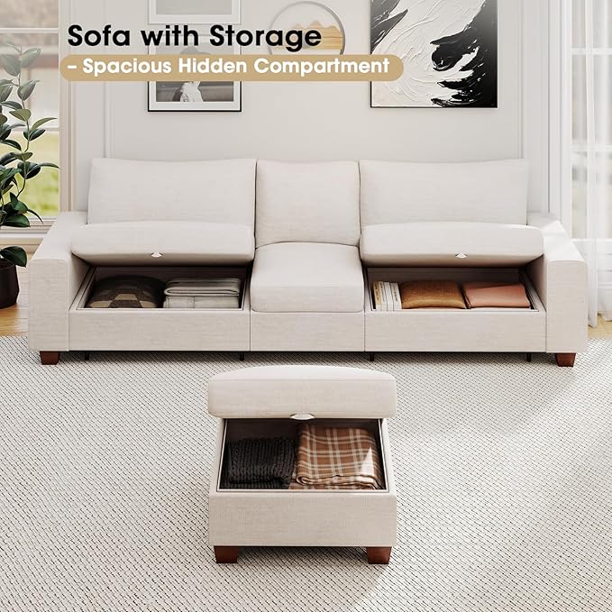 Couchus 112“ Convertible Storage Sectional Sofa,L Shaped Couch with Storage Ottoman,Multi-Functional Reversible Sofa with Huge Storage Space, Breathable Fabric (Beige)