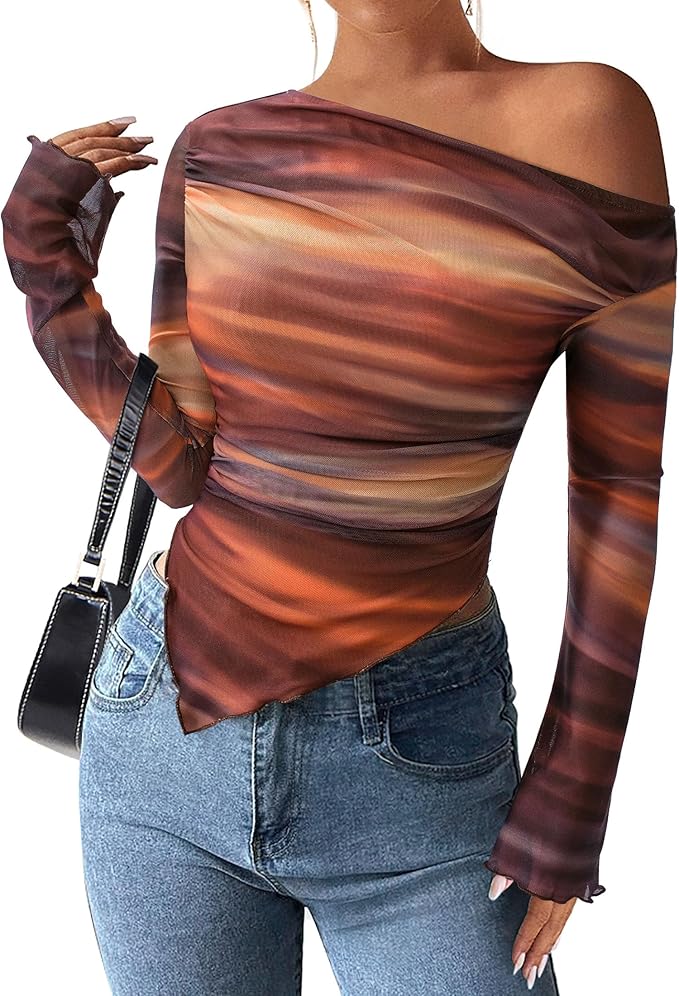 PRETTYGARDEN Womens Fall Trendy Off Shoulder Y2k Tops 2026 Tie Dye Mesh Long Sleeve Shirts Asymmetrical Ruched Floral Blouse