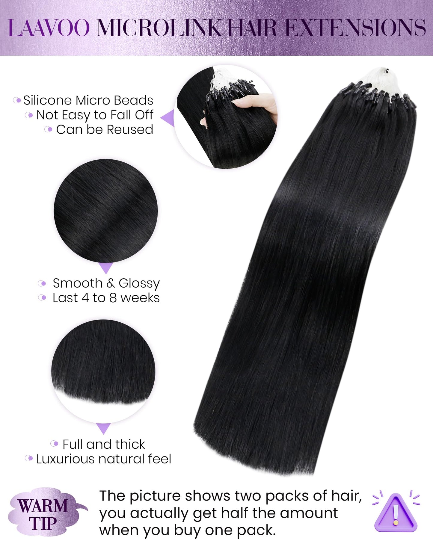 LaaVoo Micro Loop Hair Extensions Real Human Hair Black Micro Link Hair Extensions Human Hair 22 inch Jet Black Microbead Hair E