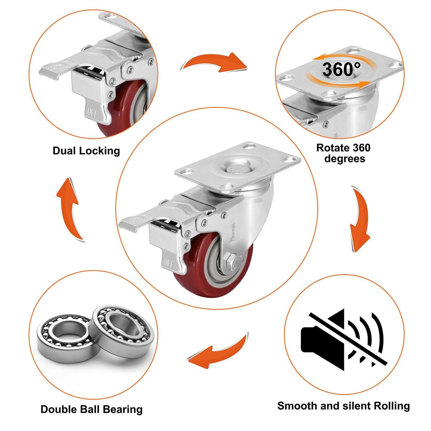 3 inch Heavy Duty Casters Load 1500lbs,Lockable Bearing Caster Wheels with Brakes,Swivel Casters for Furniture and Workbench，Set of 4 (Free Screws)