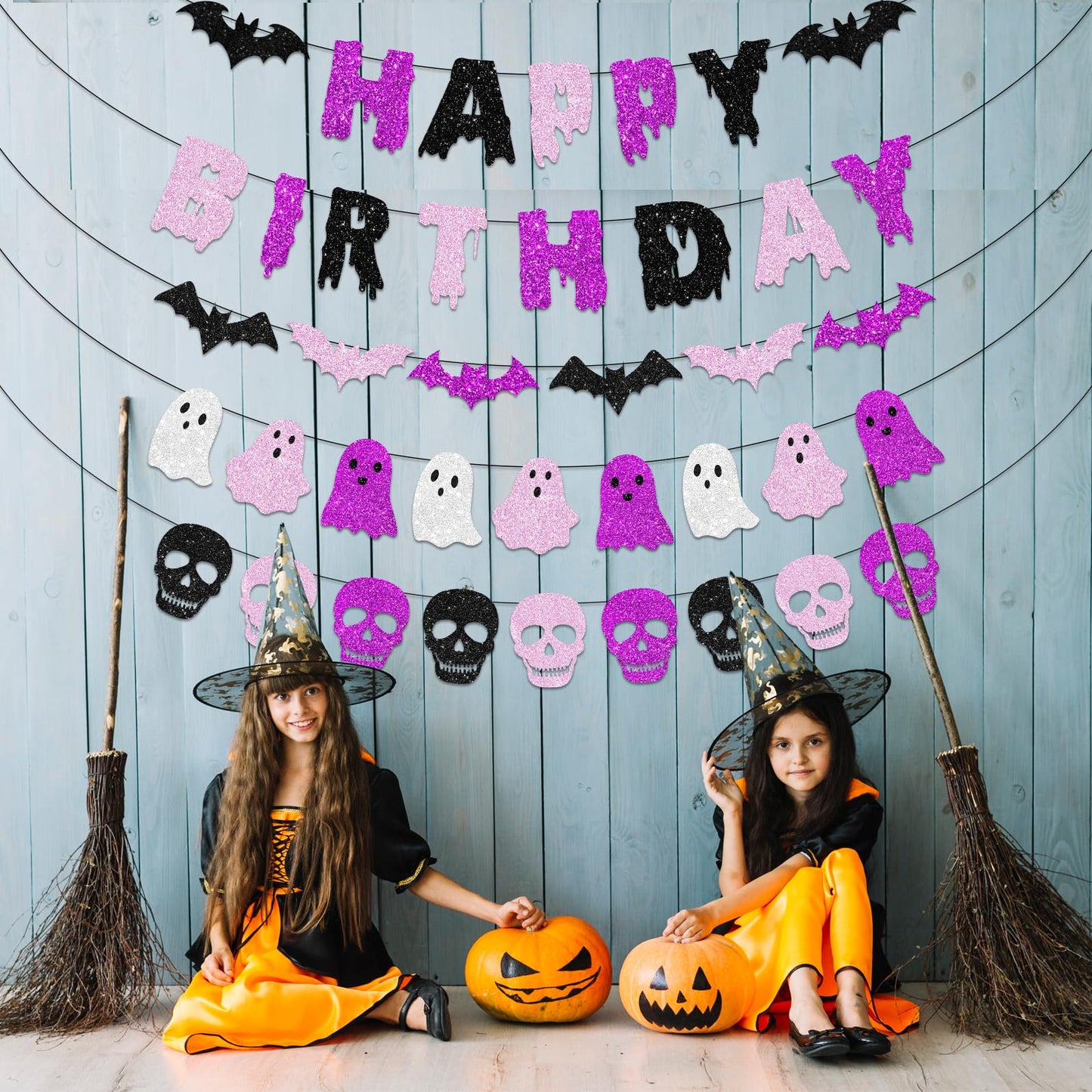 Pink and Black Happy Halloween Birthday Decorations, Glitter Banner Ghost Garland Bat Skeleton Garland, Spooky Decorations for Boy Girl Halloween Birthday Party Supplies
