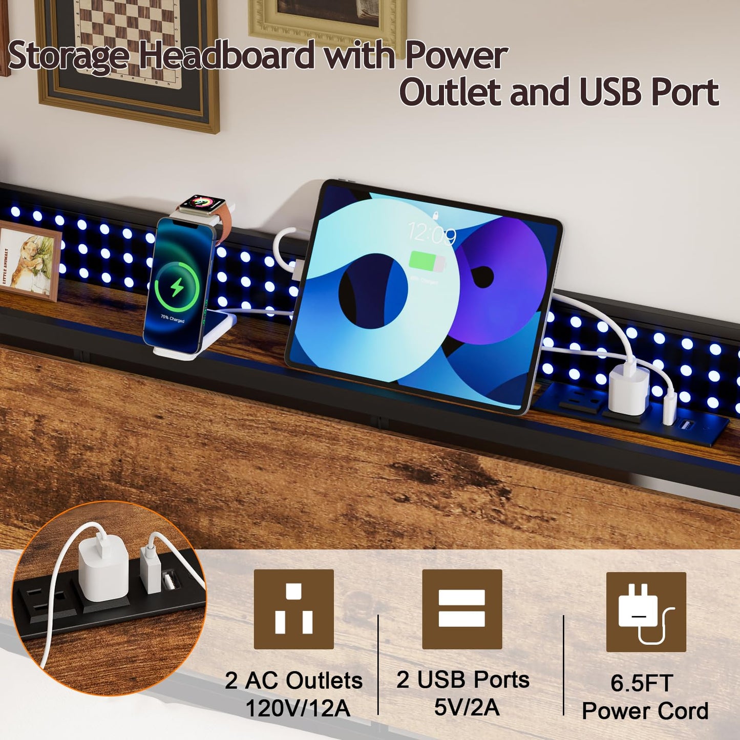Furnulem Queen Bed Frame with Charging Station and LED Lights,Industrial Platform Beds Queen Size with Storage Headboard,USB Port,Rustic Wood and Strong Metal Support,No Box Spring Needed, Noise Free