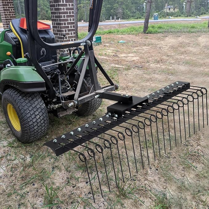 5FT Durable Pine Straw Rake Steel Spring Landscape Rake Fits 2" Receiver for Lawn Tractors or ATV/UTV，Black