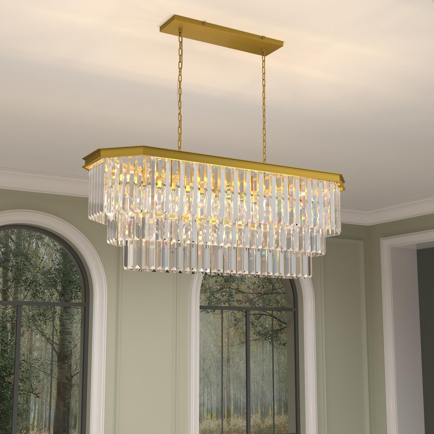 GMlixin Crystal Chandelier, 13-Light 3 Tiers Rectangle Contemporary Pendant, Adjustable Hanging Metal Ceiling Lighting Fixture, Modern Chandeliers for Bedroom,Hallway,Kitchen, L39-inch Gold