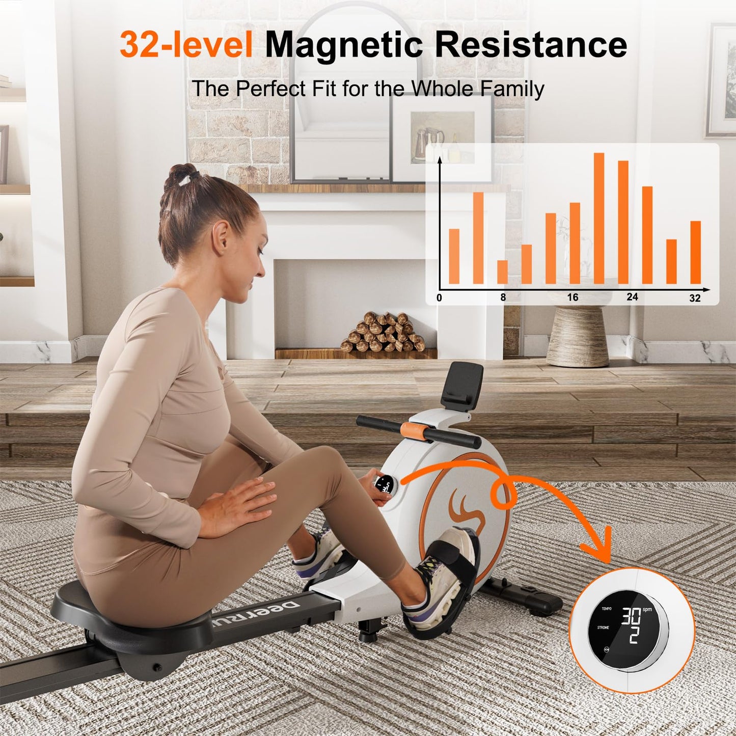 DeerRun Rowing Machines for Home, 32 Levels of Quiet Resistance Magnetic Rowing Machine, 300LBS Capacity, Row Machine with LED Monitor & Comfortable Seat, Bluetooth, App Supported and Tablet Holder