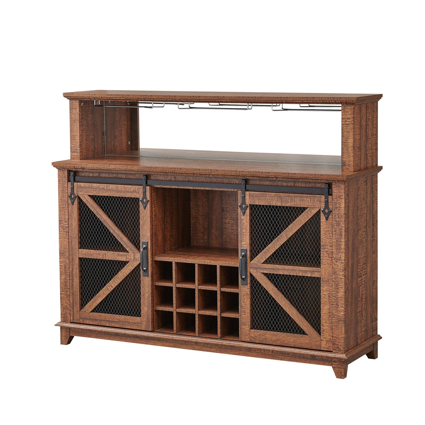 OKD Farmhouse Coffee Bar Cabinet with LED Lights, 55" Wine Bar w/Sliding Barn Door & Wine and Glass Rack, Kitchen Buffet Cabinet w/Storage Shelves for Dining Room,Reclaimed Barnwood