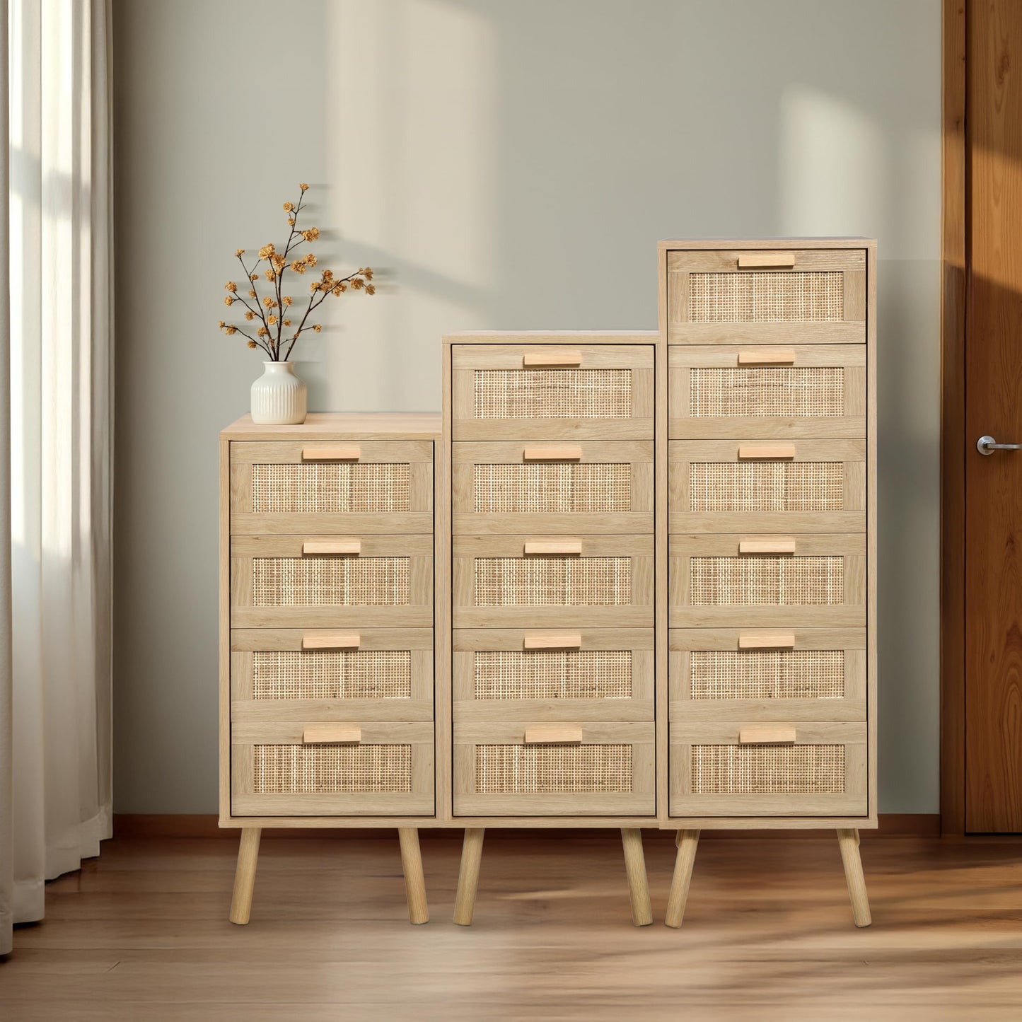 Finnhomy Rattan Dresser for Bedroom, Tall Dresser with 6 Hand Made Rattan Decorated Drawers, Small Chest of Drawers for Living Room, Closet, Hallway, Natural