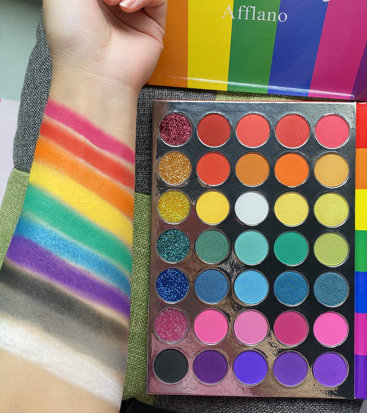 Afflano Rainbow Eyeshadow Palette Matte Shimmer Pressed Glitter, Pigmented Colorful Eye Shadow Pallets, Pink Red Orange Yellow G