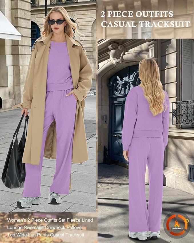 Sweetyweee Women's 2 Piece Outfits Set Fleece Lined Lounge Sweatsuit Crewneck Pullover Top Wide Leg Pants Casual Tracksuit