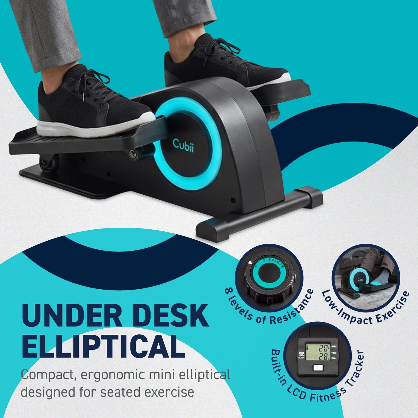 Cubii JR1, Under Desk Elliptical, Bike Pedal Exerciser, Seated Elliptical, Work from Home Fitness, Mini Elliptical Machines for Home Use, Exerciser for Seniors, Desk Exercise, Aqua…
