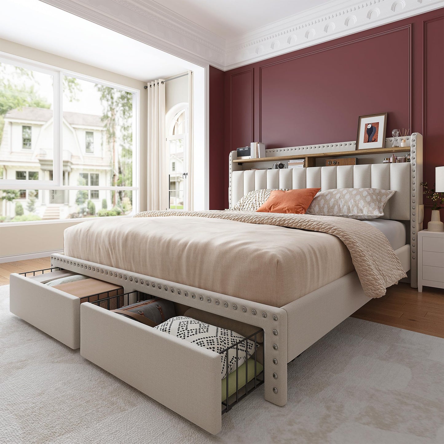 EnHomee Full Size Bed Frame with 2-Tier Storage Headboard, Upholstered Platform Bed Frame with 2 Storage Drawers, Sturdy Wooden Slats Support, Noise-Free, No Box Spring Needed, Beige