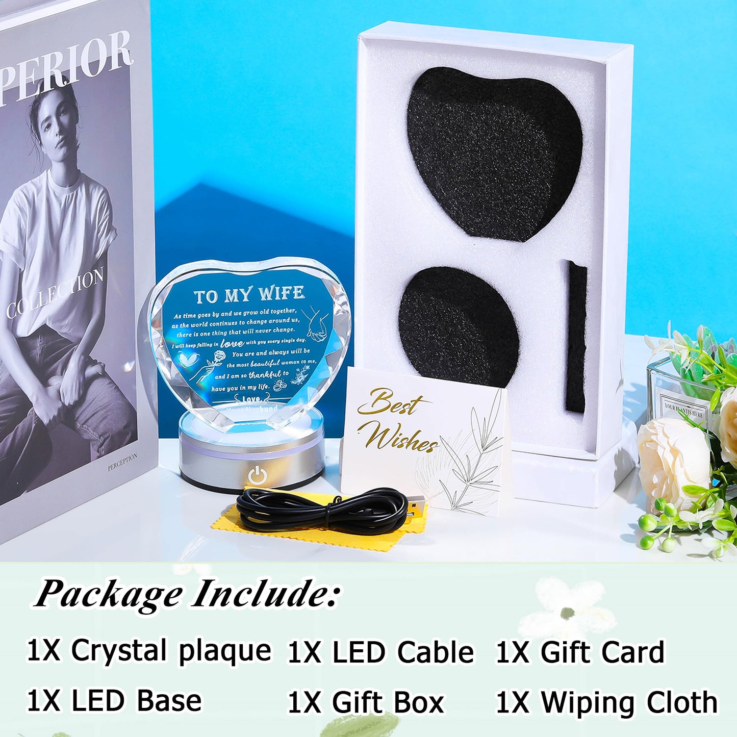 Qianwei Romantic Gifts for Wife with Colorful LED Base - Heart Crystal Unique Gifts for Anniversary, Birthday, Valentine's Day