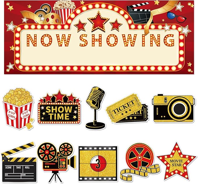 11 Pieces Movie Night Party Decorations Now Showing Banner Photography Background Movie Night Cutouts Double Sided Printin...
