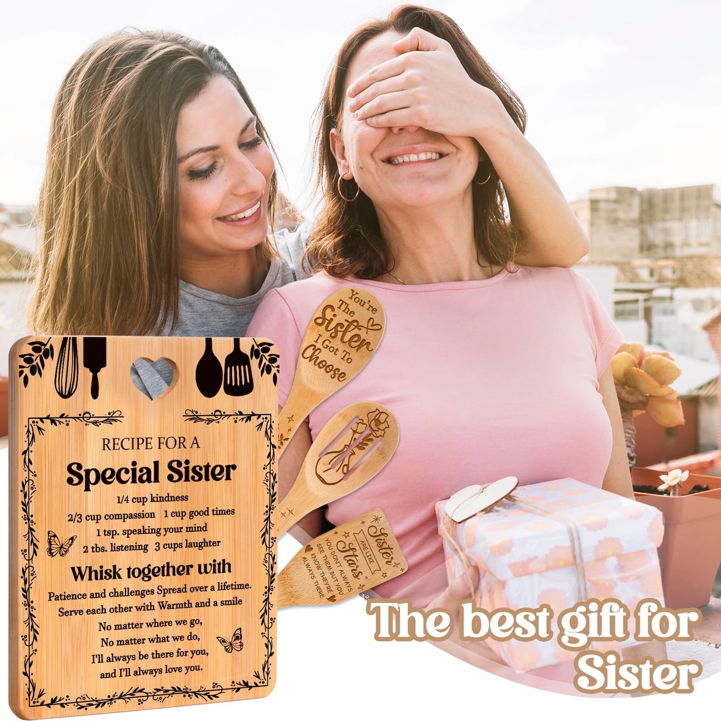 Gifts for Sister - "Recipe for a Special Sister" Sister Birthday Gifts Cutting Board Set, Bamboo-Made Engraved Utensil Set Sister Gifts, Birthday Gifts for Sister from Sister