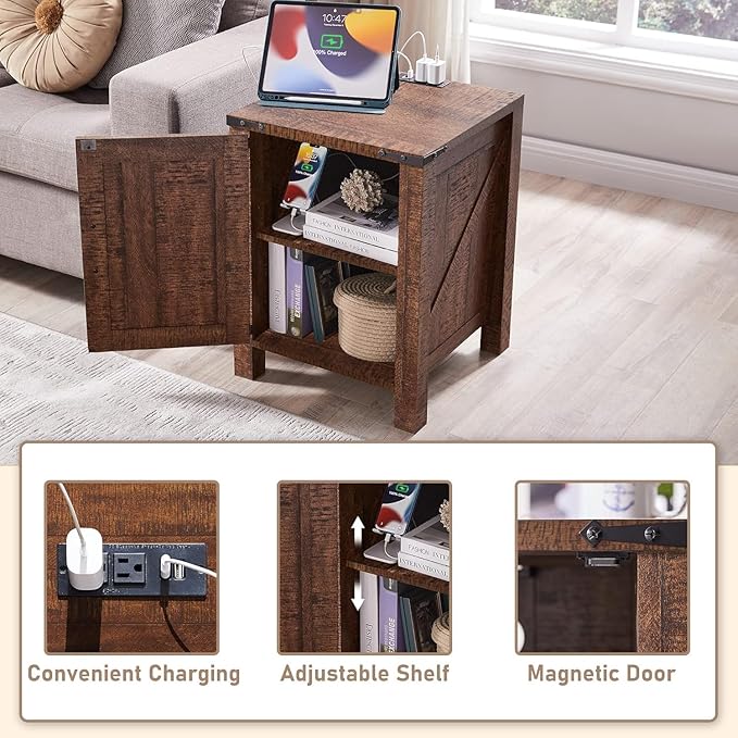 OKD Farmhouse Nightstand Set of 2 with Charging Station, 18 Inch Rustic End Table with Barn Door Cabinet, Adjustable Storage Shelf, Wood Sofa Side Table for Living Room, Bedroom, Reclaimed Barnwood