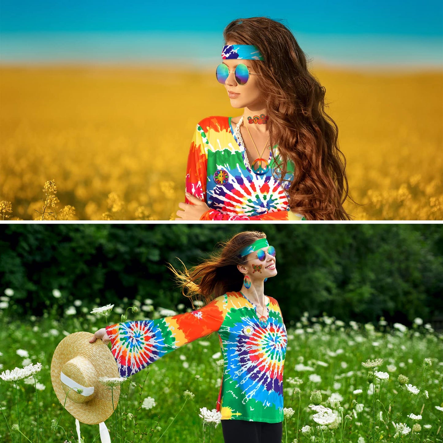 Jiuguva 17pcs 60s 70s Outfits for Women Hippie Costume Set Disco Outfit (Rainbow,X-Large)
