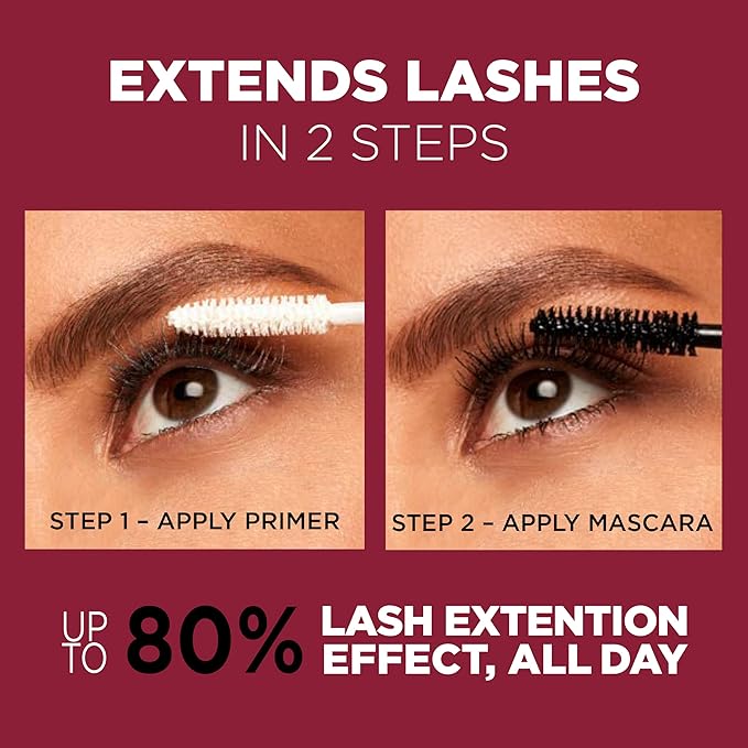 L'Oreal Paris Makeup Double Extend Tubing Mascara, Lengthening 2 Step Mascara, Smudgeproof, Black, Pack of 2