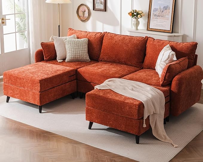 Rexulqo 104'' Modular Sectional Sofa with All Seats Storage, Oversized U Shaped Couch for Living Room,3-Seater Comfy Cloud Couches with Movable Ottoman,Big Sectional for Bedroom,Velet,Orange