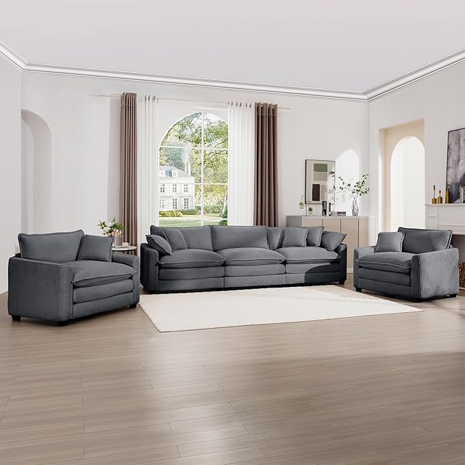 mikibama Luxury 3 Piece Sofa Set, 3-Seater & 2 Single Sofa Set, Modern Corduroy Comfy Cloud Couches Set for Living Room Office with 2 Armrest Pillows and 5 Toss Pillows, Grey
