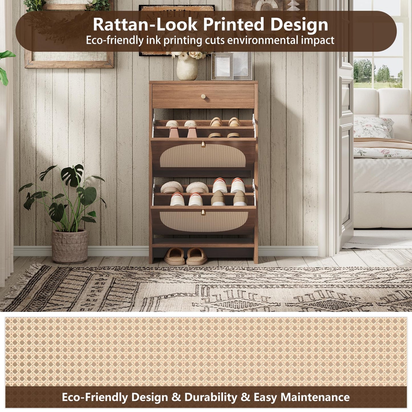 Nicetree Shoe Storage Organizer with 2 Flip Drawers and 1 Drawer, Freestanding Fluted Accent Narrow Shoe Rack, Farmhouse Shoe Cabinet with 3-Tier Adjustable Shelves for Hallway Foyer Rustic