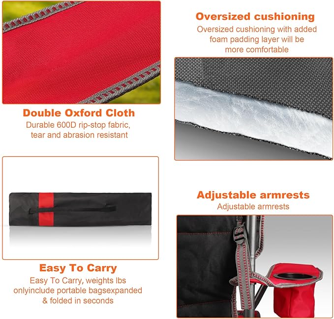 LANMOUNTAIN Oversized Padded Camping Chairs for Adults,Heavy Duty Support 400 Lbs,Folding Portable Lawn Chair w/Cup Holder,Cooler Bag,Side Pocket,Perfect for Outdoor Picnic,Hiking(Red)