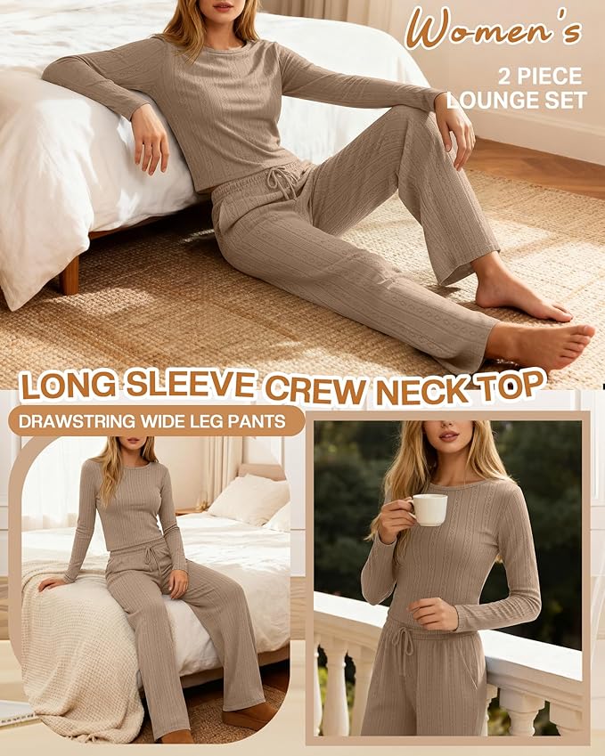 Evervibe Women's 2 Piece Lounge Set Long Sleeve Crew Neck Top Drawstring Wide Leg Pants Casual Tracksuit Matching Set