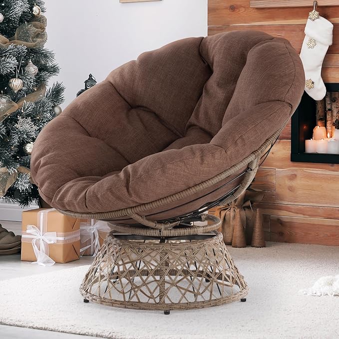 Bme 40" Ergonomic Wicker Papasan Chair with Soft Thick Cushion & Frame, 360° Swivel, Circle, Reading, Comfy Chair for Living Room, Bedroom