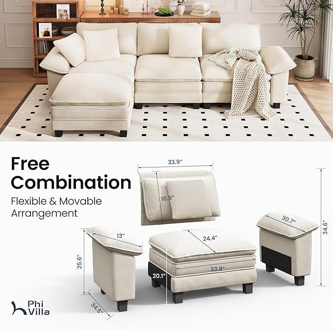 PHI VILLA Cloud Modular Couch Sets, 123.6" Sectional Sofa with L-Shaped Chaise, 4-Seater Upholstered Couches with Movable Ottoman for Living Room, Chenille Fabric, Beige