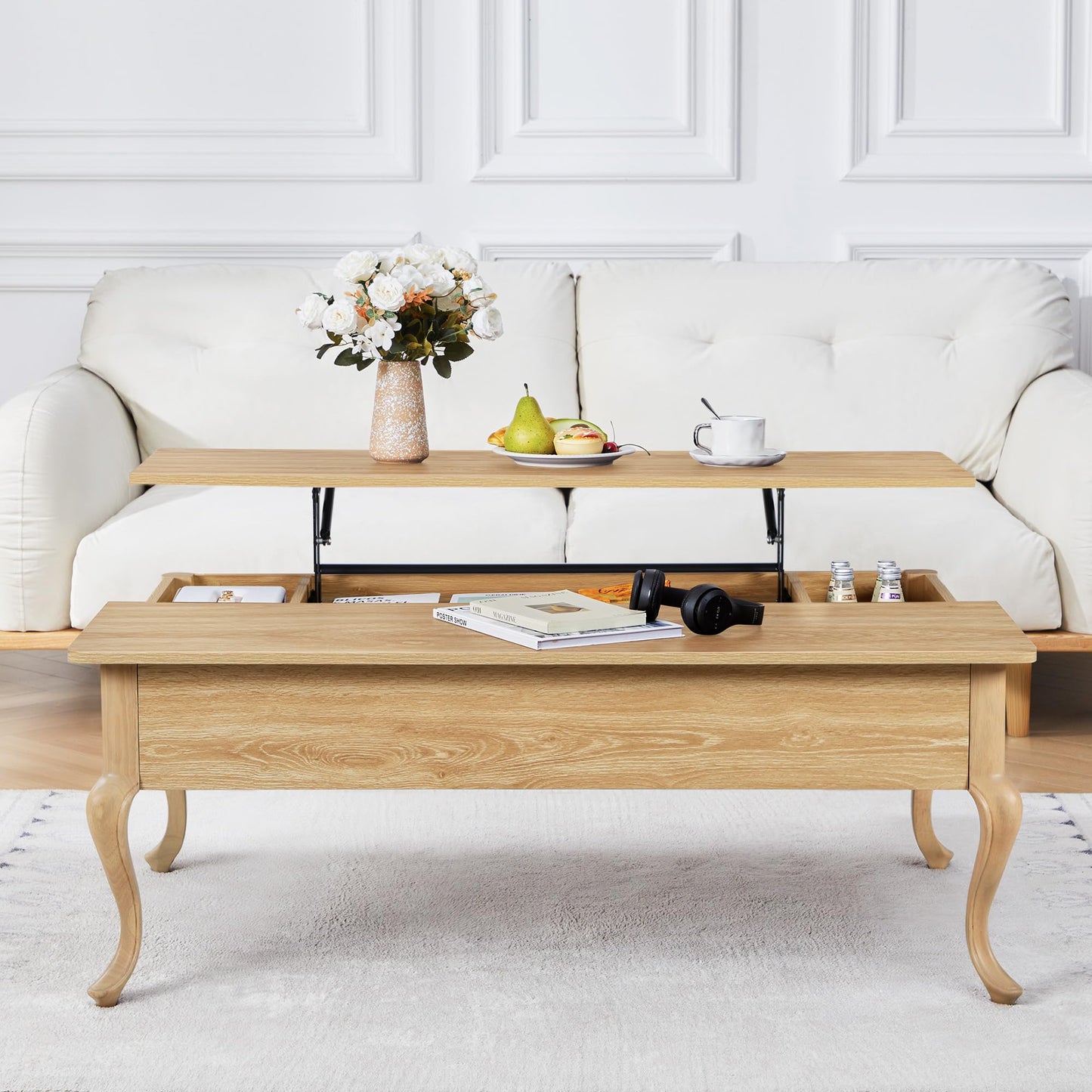 QEIUZON Lift Top Coffee Table, Farmhouse Coffee Table with Hidden Storage, Wood Center Table Dining Table for Living Room, Apartment, Home Office (Natural)