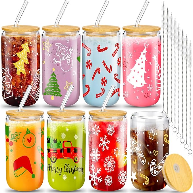 Umigy 8 Pack Christmas Glass Cups 16 oz Christmas Drinking Glasses Bulk with Lids and Straws Xmas Tumbler Drinking Glasses...