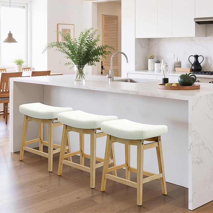 RNKSFX Counter Height Bar Stools Set of 3 for Kitchen Counter, Wooden Backless Island Barstools Farmhouse Modern Short Stools No Back with Faux Leather Saddle Seat 24 inch Counter Top Chairs, White