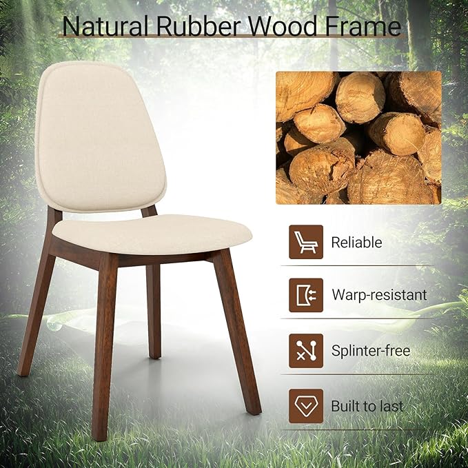 Giantex Wooden Dining Chairs Set of 4, Linen Fabric Upholstered Dining Room Chairs w/Rubber Wood Frame, Padded Seat, Curved Back, Mid-Century Modern Kitchen Side Chair for Home Living Room