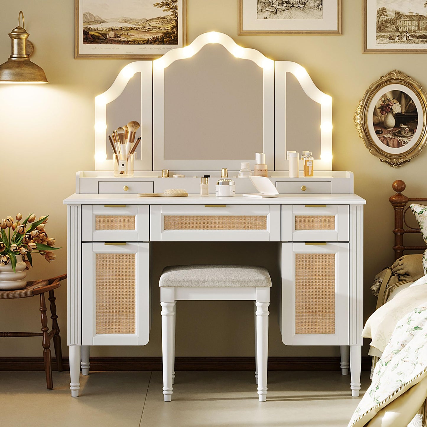 Merax 44.37 inch Makeup Vanity Desk with 13 Hollywood Bulbs & Tri-Fold Mirror, Dressing Table with 5 Drawers, Shelves, Charging Station (2 AC Outlets + USB + Type-C), 3 Lighting Modes, White