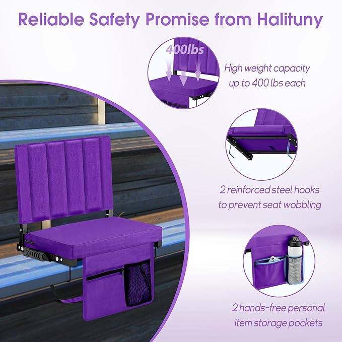 Halituny Stadium Seat for Bleachers with Back Support, Portable Bleacher Seat with Wide Comfy Padded Cushion, Metal Hook, Folding Stadium Chair with Shoulder Strap, Carry Handle, Cup Holder
