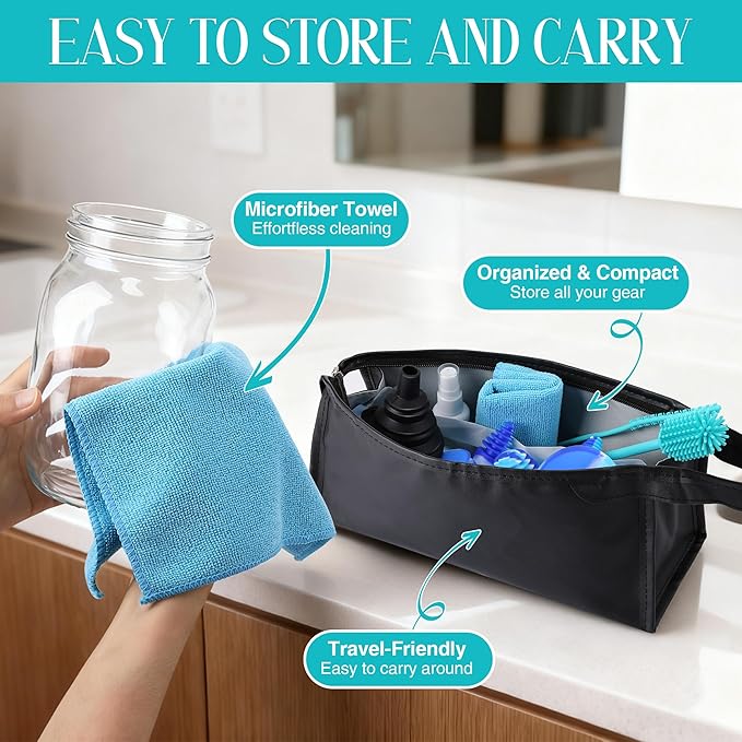 13 Piece Glass Cleaning Kit, Reusable Glass Cleaner Kit with Silicone Brushes, Cleaner Spray, Plugs & Caps, Mat, Folding Funnel, Microfiber Towel & Storage Bag, Effortless Cleaning & Easy Storage