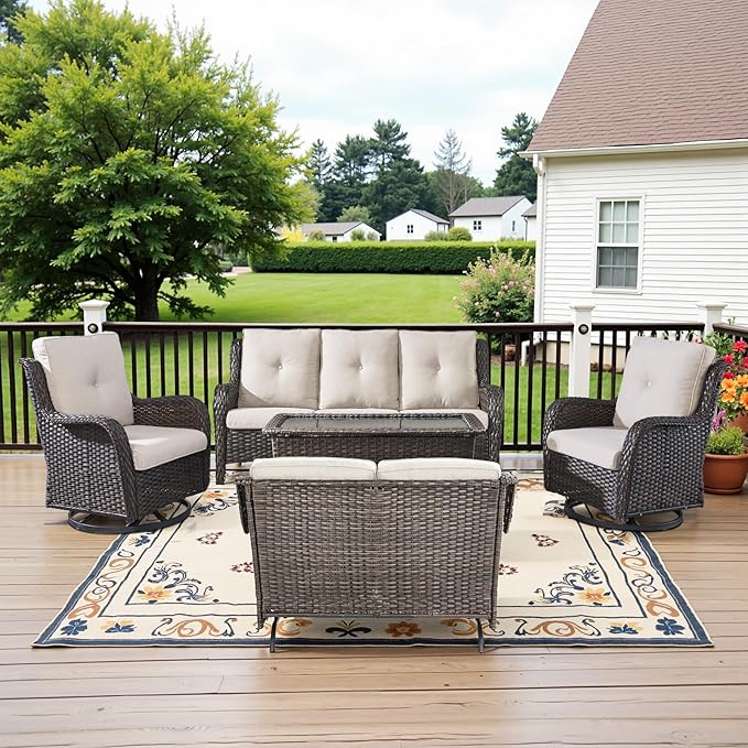Belord 5 Piece Outdoor Patio Furniture Set - Outdoor Conversation Couch and Loveseat Glider Chair Furniture Set with Rattan Coffee Table for Deck Balcony Poolside Brown Wicker/Beige Cushions