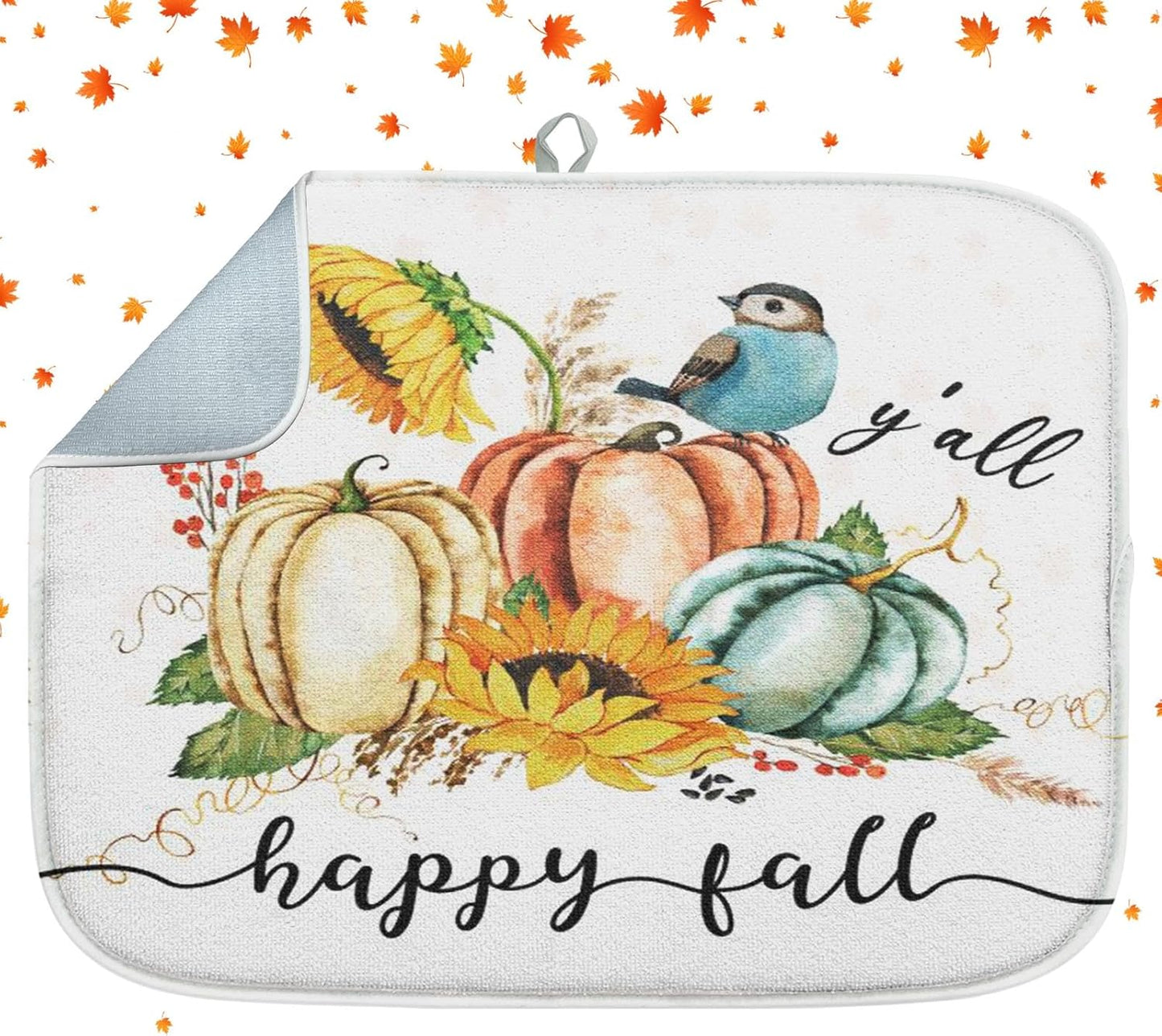 Sanwarm Absorbent Dish Drying Mat, Happy Fall Pumpkin Microfiber Pad for Kitchen Counter, Autumn Thanksgiving Fruit for Coffee Bar Decor, Heat Resistant and Reversible, 18" x 24"
