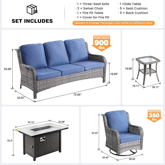 ovios 5 Pieces Patio Furniture Set, Outdoor Wicker Sofa Couch with Swivel Chairs 42" Fire Pit Table, High Back Modern All Weather Conversation Sets, Grey Rattan, Denim Blue