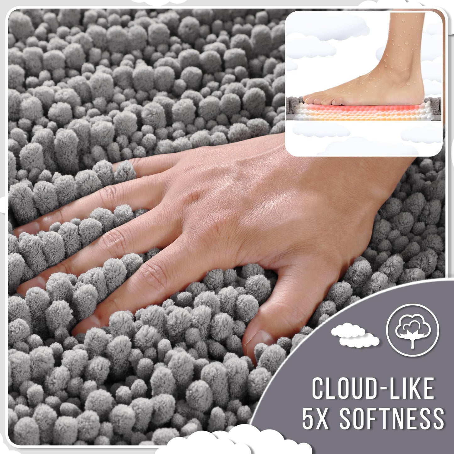 Yimobra Bathroom Rugs Non Slip Washable 24x17 Inch - Ultra Soft Absorbent Chenille Bath Mat, Quick Dry Shaggy Floor Carpet for Tub Shower, Gray Home Decor Accessories