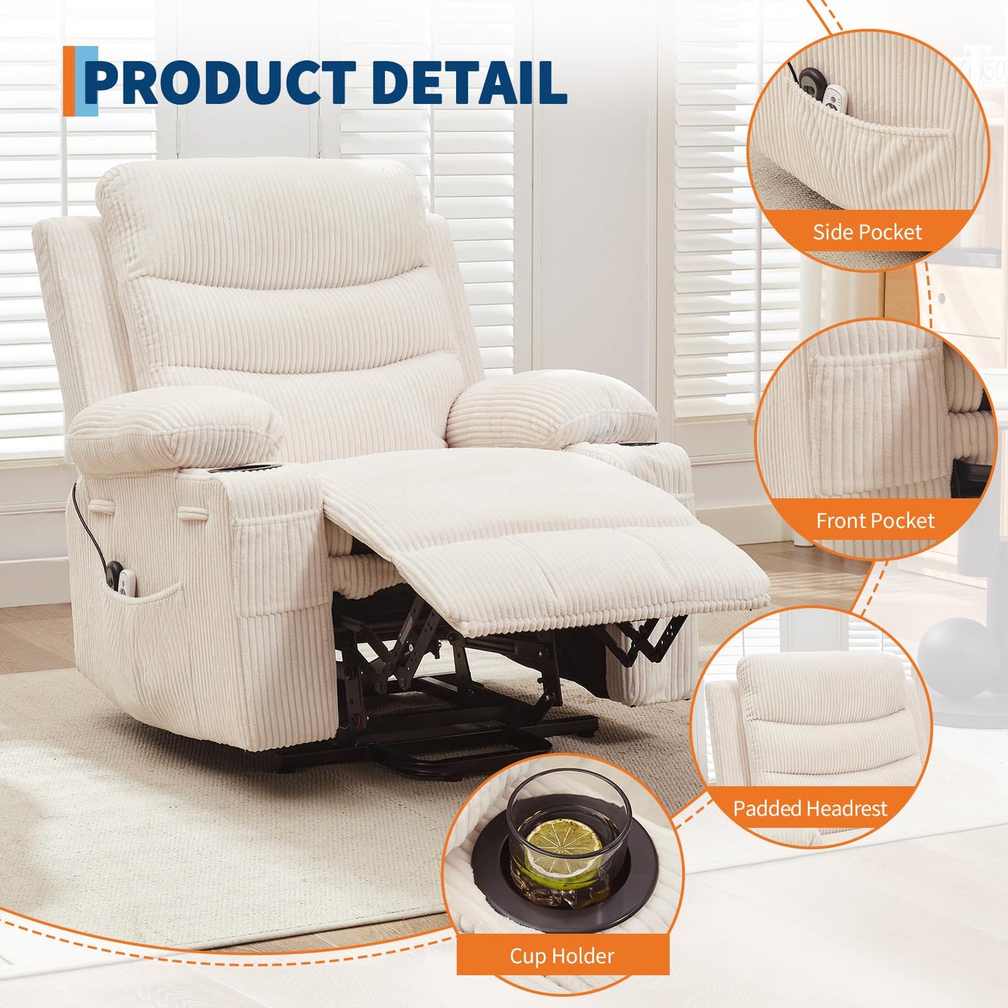 Power Lift Recliner Chair for Elderly with Massage & Heat,Oversized Electric Recliners,Home Theater Seat with 2 Cup Holders Side, Electric Glider Reclining Single Sofa Chair for Living Room