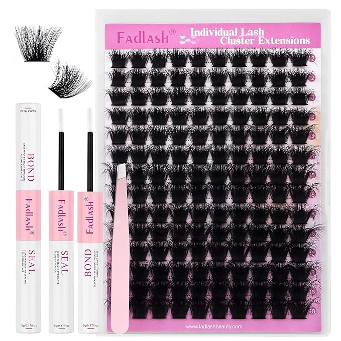 FADLASH Lash Extension Kit 200D Lash Cluster Kit DIY Eyelash Extension Kit with Lash Bond and Seal Lash Tweezers Natural Cluster Lashes Kit Individual Lashes 3D Effect (KIT, 200D-3D-07D-12-18mm)