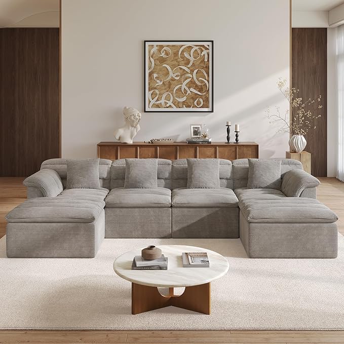 SUNG7 142" Modular Sofa with Ottoman, Boneless Cloud Couch with Deep Seat, Comfy U-Shape Corduroy Couches for Living Room, No Assembly Required, Light Gray