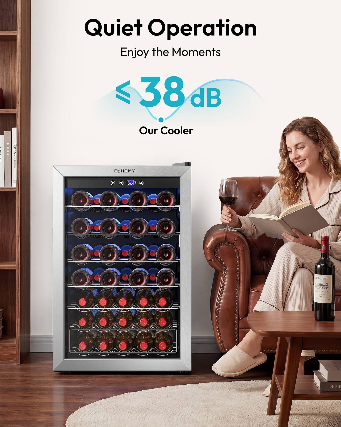 EUHOMY 45 Bottle Wine Cooler Refrigerator, Wine Fridge with Stainless Steel Glass Door for Red, White and Champagne, Mini Fridge with Adjust Temperature for Home Kitchen Bar 4.5 Cu.Ft, Silver