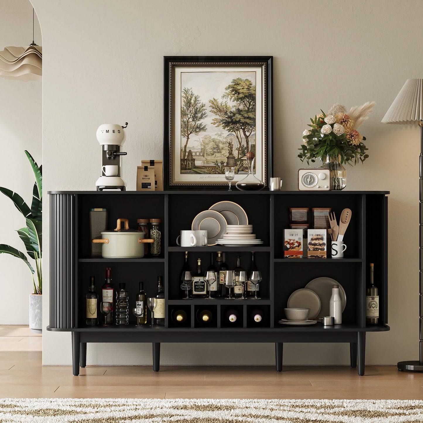 MAISONARIA 59" Wine Bar Cabinet with Storage, Sideboard Buffet Cabinet with Fluted Slide Doors, Modern Coffee Bar Table with 4 Wine Racks for Living Room, Kitchen, Entryway, Black