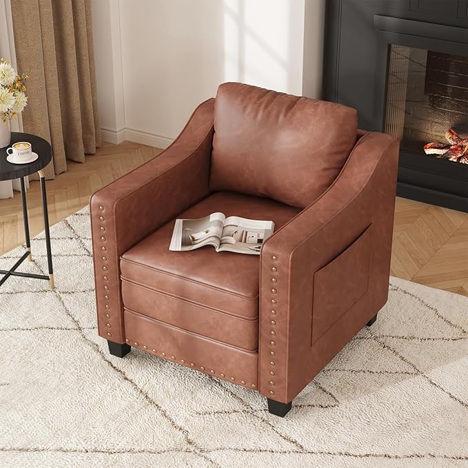 FiveWillowise Faux Leather Accent Chair Set of 2 for Living Room, 30 Inches Barrel Upholstered Armchair, Cozy Mid Century Modern Club Arm Chair Single Sofa for Bedroom, Apartment, Reading Room, Brown