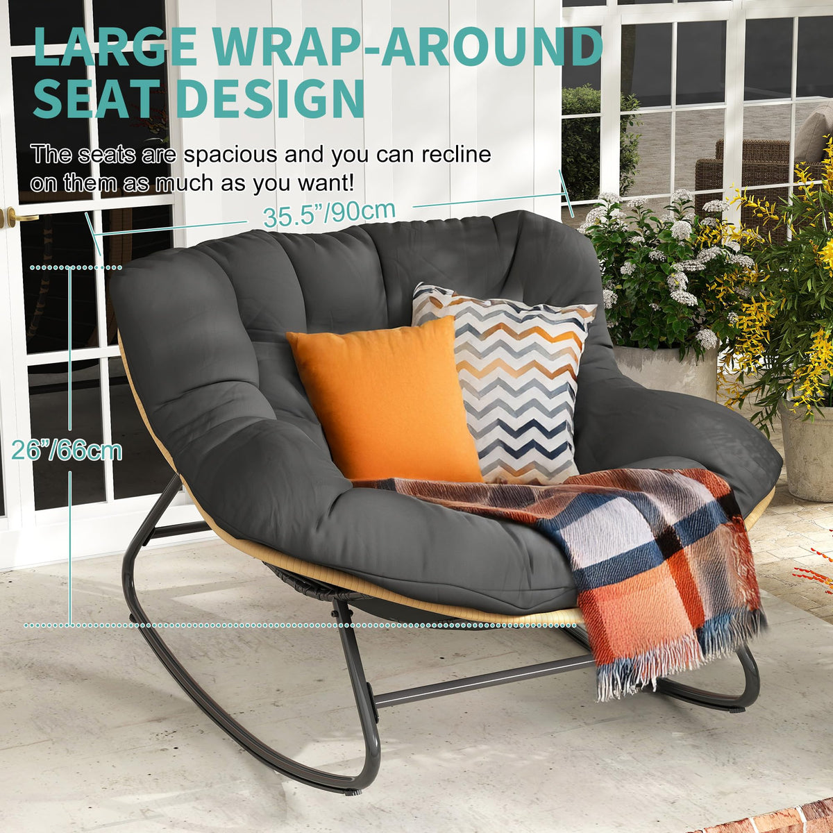 Fancyango Oversized Rocking Chair Outdoor/Indoor - 450lbs Weight Capacity, Wicker Rattan Egg Lounge Chair with Cushion, All-Weather Patio Rocker for Porch, Garden, Balcony, Yellow-Black
