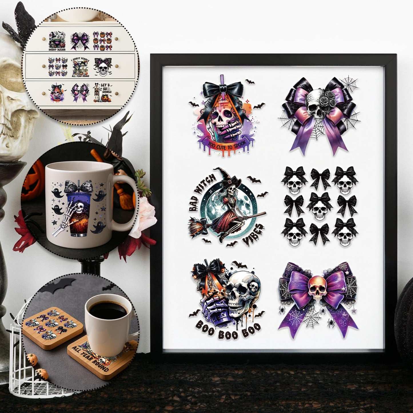 Rngmsi Halloween Uvdtf Cup Wraps - 20 Sheets Spooky Bow UV DTF Cup Wraps for 16 oz Glass, Pumpkin Ghost Bat Skeleton Cobweb Witch Rub on Transfer Sticker, UV DTF Decals for Water Bottle Mug DIY Crafts